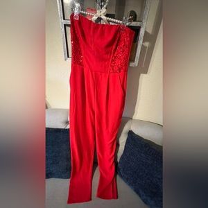 Women Red Floral Lace Jumpsuit; Color: Red; Size:Medium; Used